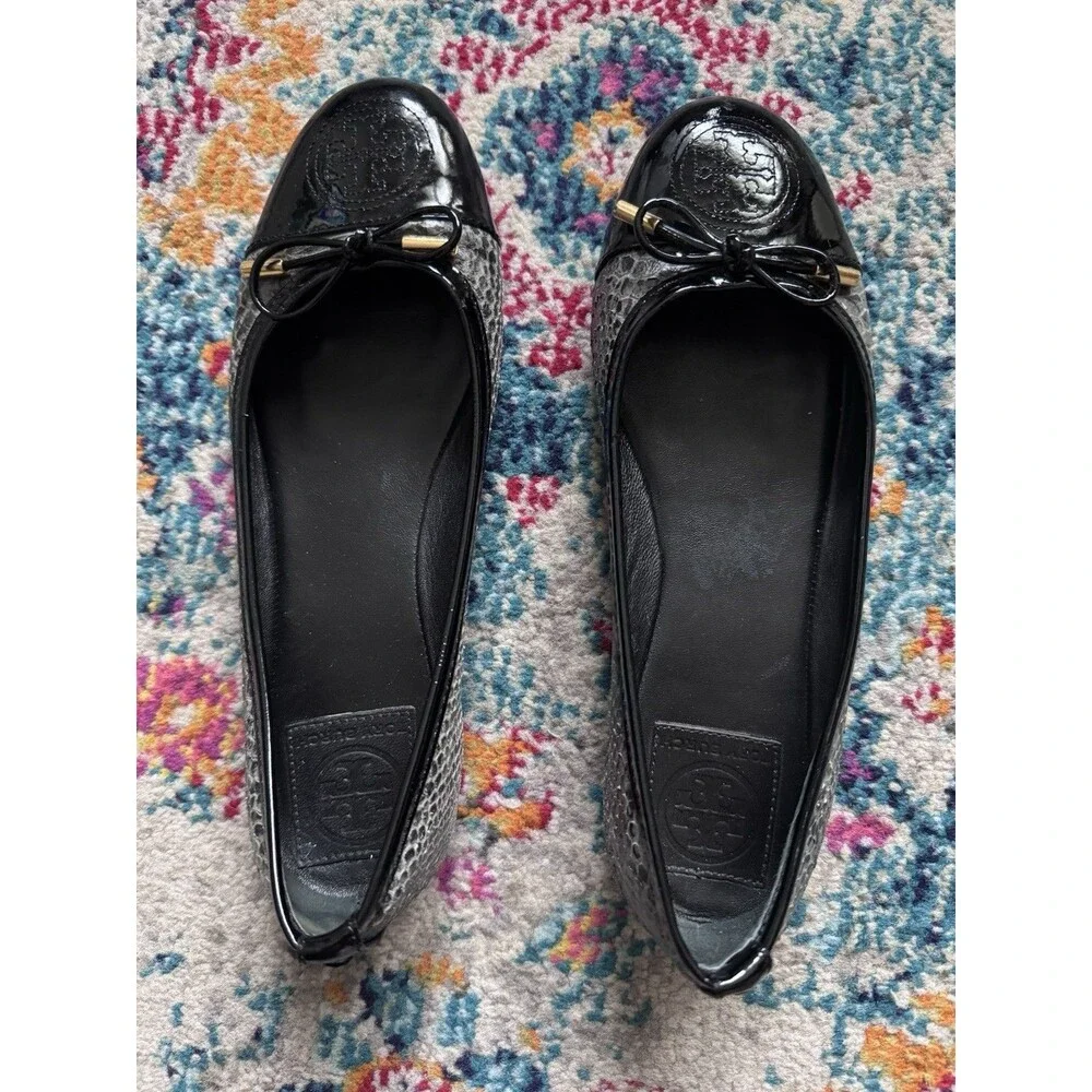 TORY BURCH Verbena Snake Leather  Slipon Logo Bow Ballet Flats Size 7